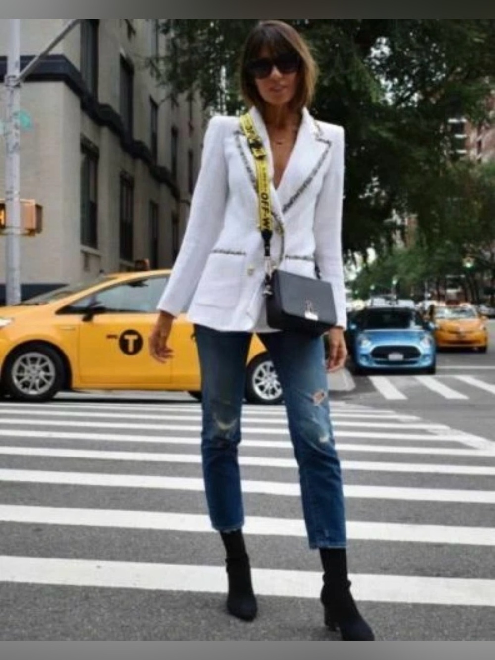 Zara White Tweed Double-Breasted Blazer with Multicolor Trim - Picture 3 of 13